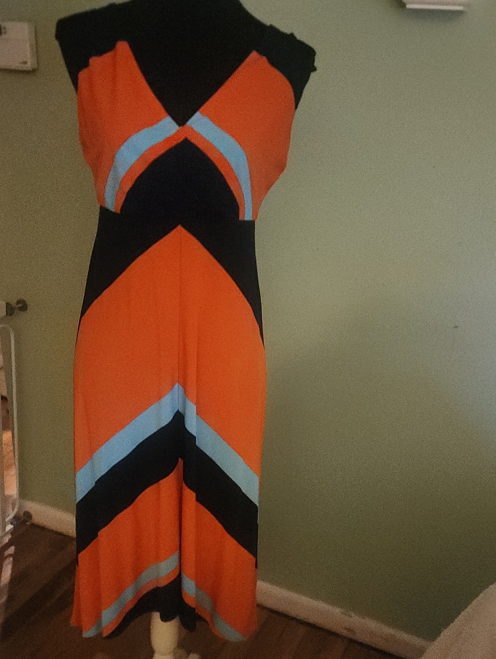 Orange Chevron Maxi Dress with Navy & Aqua Accents
